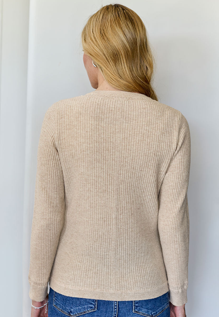 Cressida Lambswool Jumper - Oatmeal Casual Knit Luxurious Softness Crafted with Italian Yarn for Lasting Quality Pretty Neck and Cuff Detail Back View