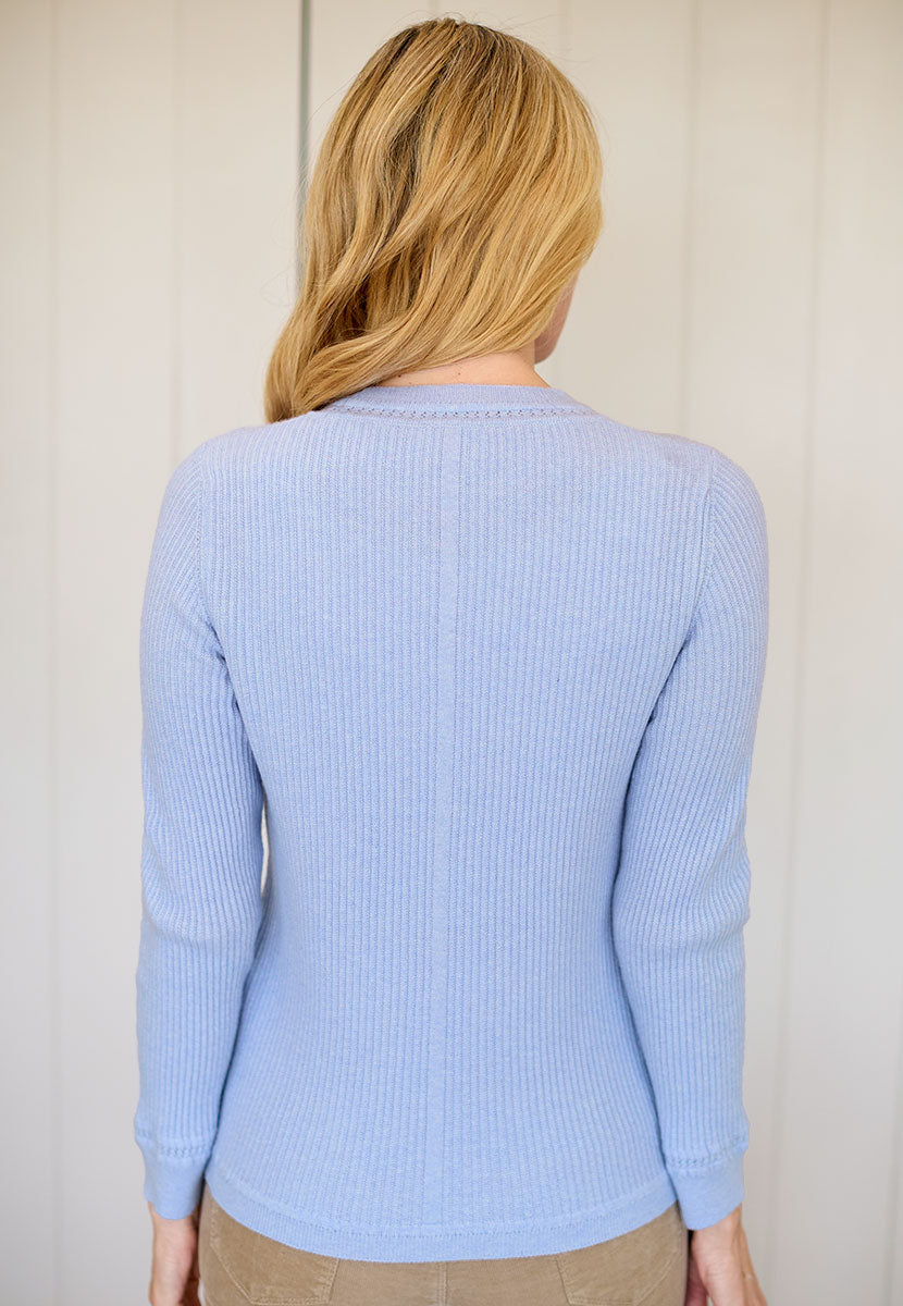Cressida Lambswool Jumper - Soft Blue Casual Knit Luxurious Softness Crafted with Italian Yarn for Lasting Quality Pretty Neck and Cuff Detail Back View