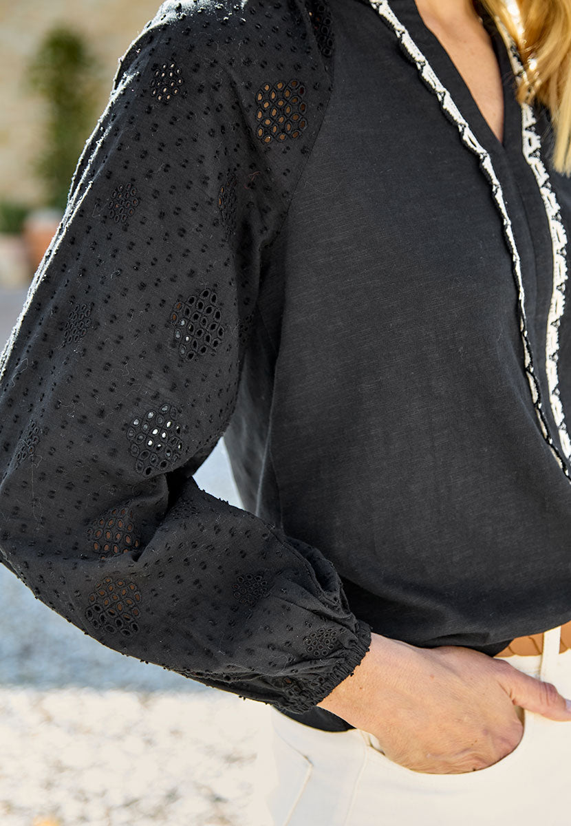 Daisy Pure Cotton Long Sleeve Top - Black Broderie Anglaise Details Gently Elasticated Cuffs Soft Notch Neckline Detail ViewDaisy Pure Cotton Long Sleeve Top - Black Broderie Anglaise Details Gently Elasticated Cuffs Soft Notch Neckline Back View