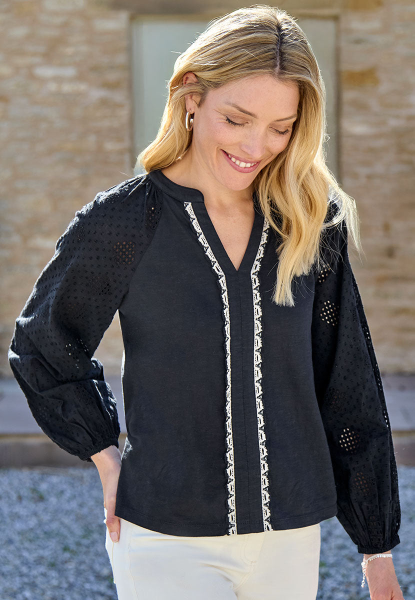 Daisy Pure Cotton Long Sleeve Top - Black Broderie Anglaise Details Gently Elasticated Cuffs Soft Notch NecklineFront Alt View