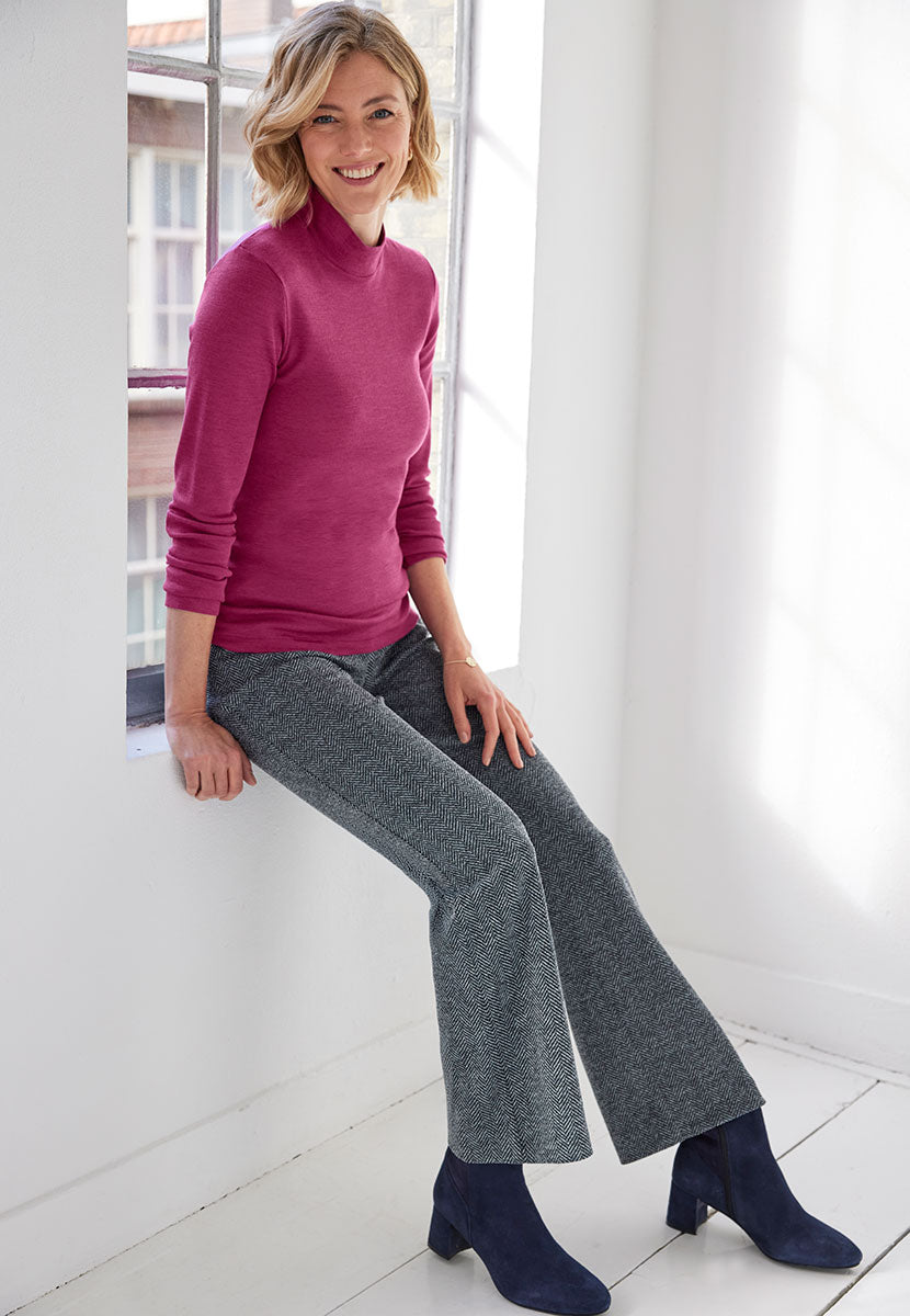 Daphne Wide Leg Trouser - Black Herringbone Front Sat View