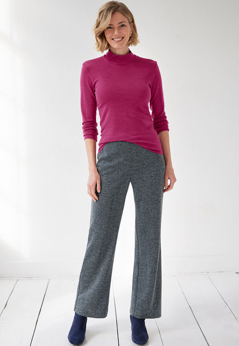 Daphne Wide Leg Trouser - Black Herringbone Front View