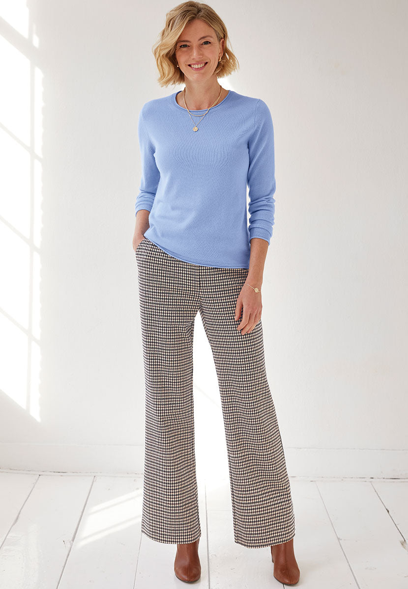 Daphne Wide Leg Trouser - Brown Check Front View