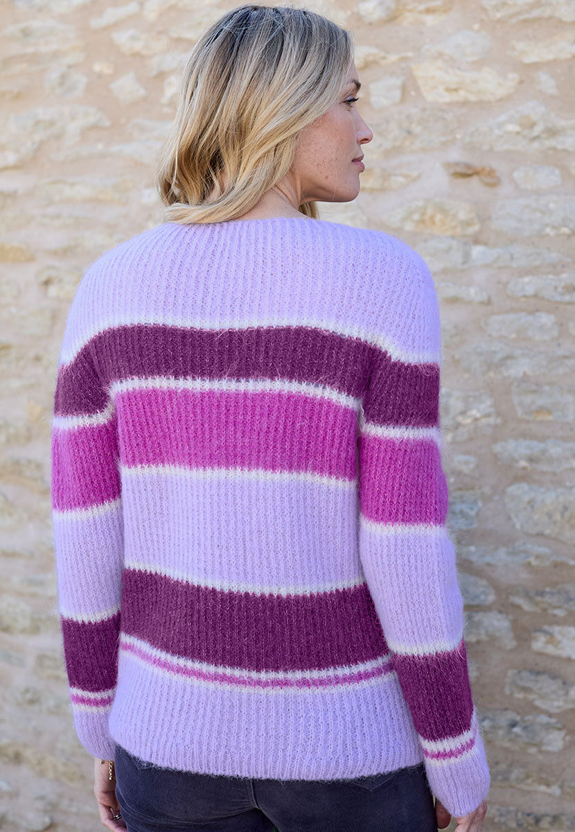 Dawn Long Sleeve Alpaca Jumper - Lilac Pink Alpaca Blend Crew Neck Vibrant Colourful Stripes with Textured Rib All Over Heavy Weight Knitwear Back View