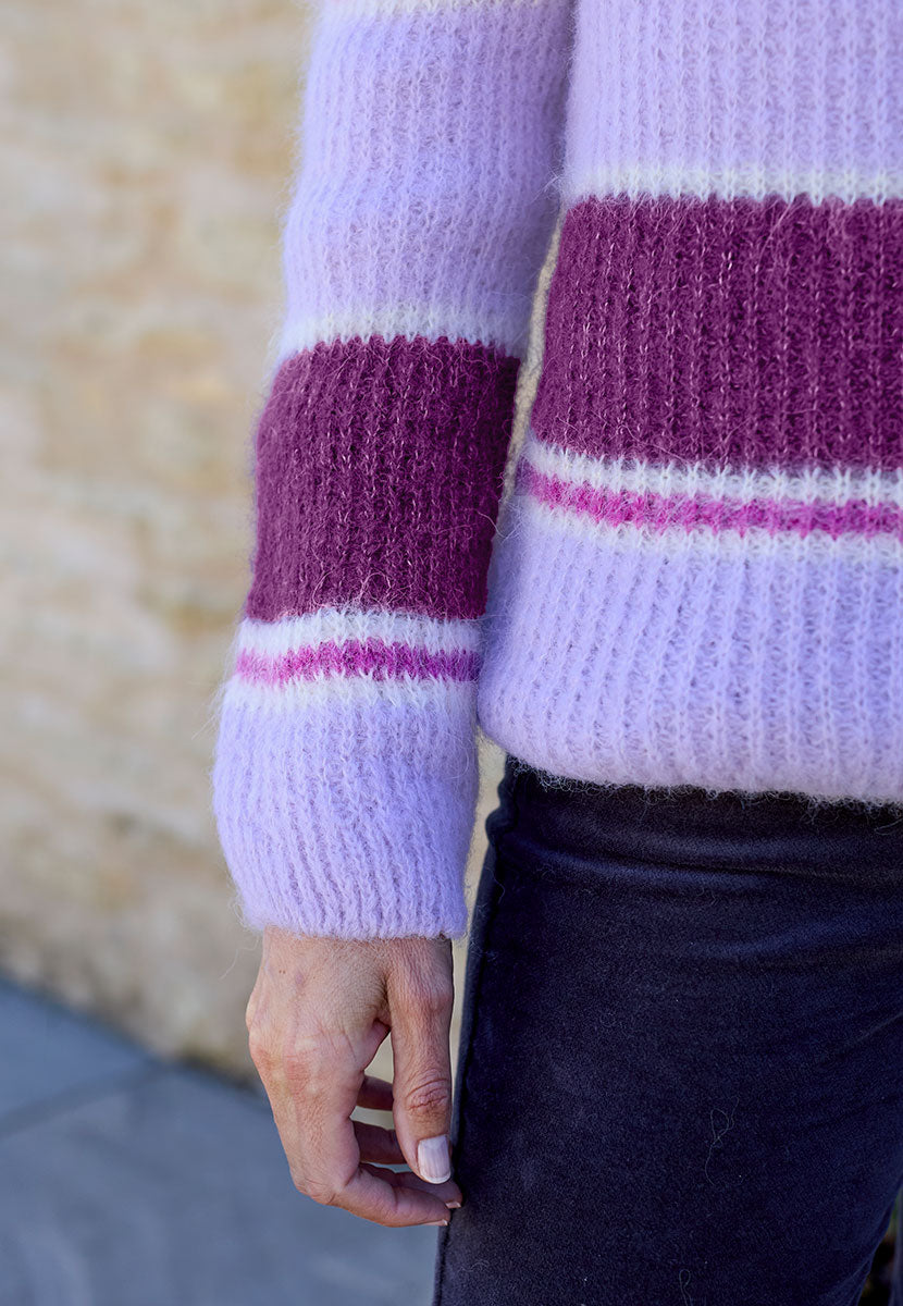 Dawn Long Sleeve Alpaca Jumper - Lilac Pink Alpaca Blend Crew Neck Vibrant Colourful Stripes with Textured Rib All Over Heavy Weight Knitwear Detail View