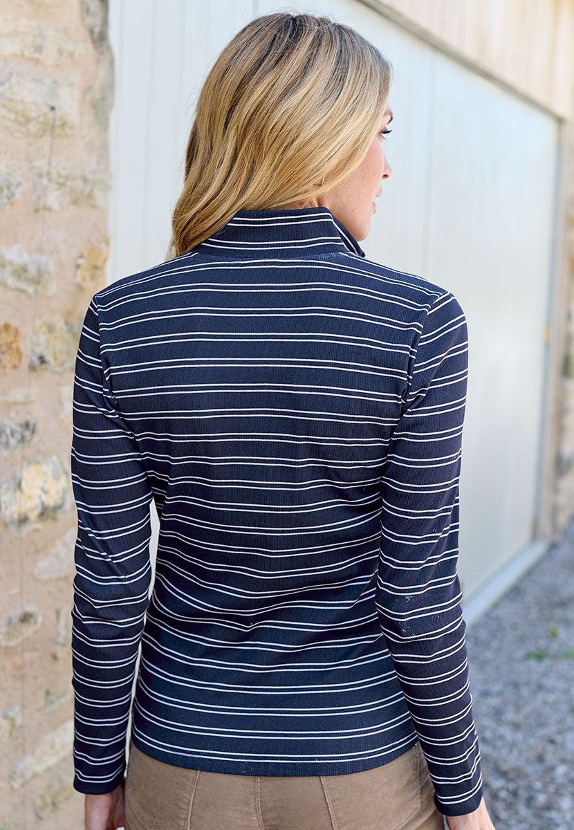 Dee Zip Cotton Top - Navy/Ivory Jersey High Funnel Neck Long Sleeve Soft Ribbed Contrast Stripe Easy Everyday Wear Casual Top Back View
