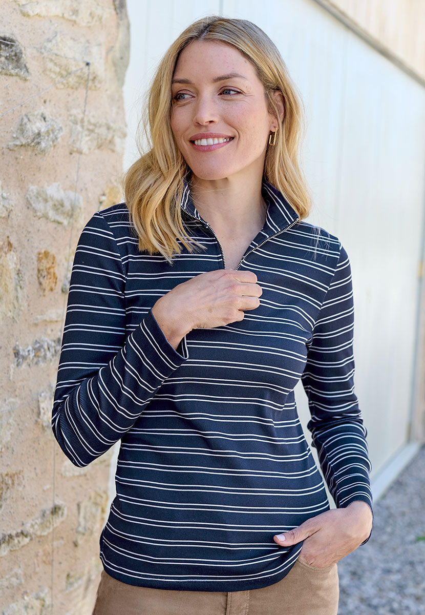 Dee Zip Cotton Top - Navy/Ivory Jersey High Funnel Neck Long Sleeve Soft Ribbed Contrast Stripe Easy Everyday Wear Casual Top Front Alt View