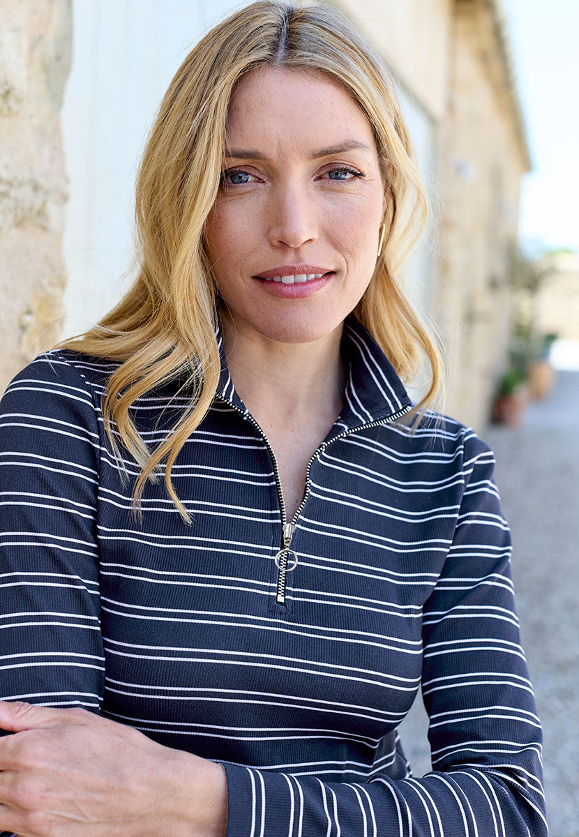 Dee Zip Cotton Top - Navy/Ivory Jersey High Funnel Neck Long Sleeve Soft Ribbed Contrast Stripe Easy Everyday Wear Casual Top Close View