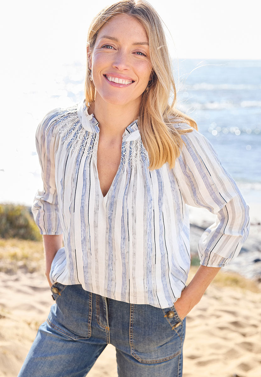 Della Long Sleeve Stripe Blouse - Blue Stripe