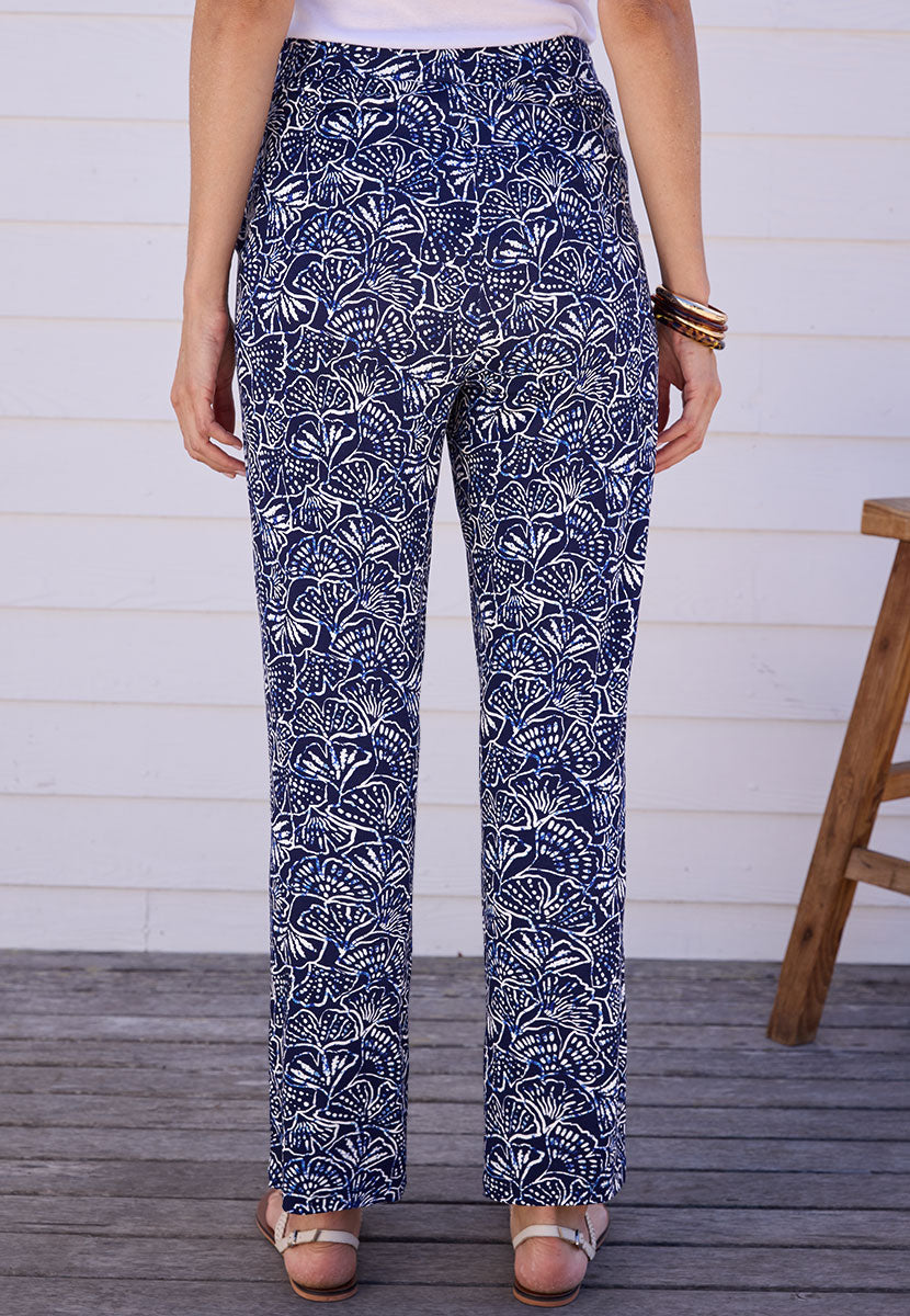 Dina Straight Leg Pull on Trouser - Floriana Navy Print