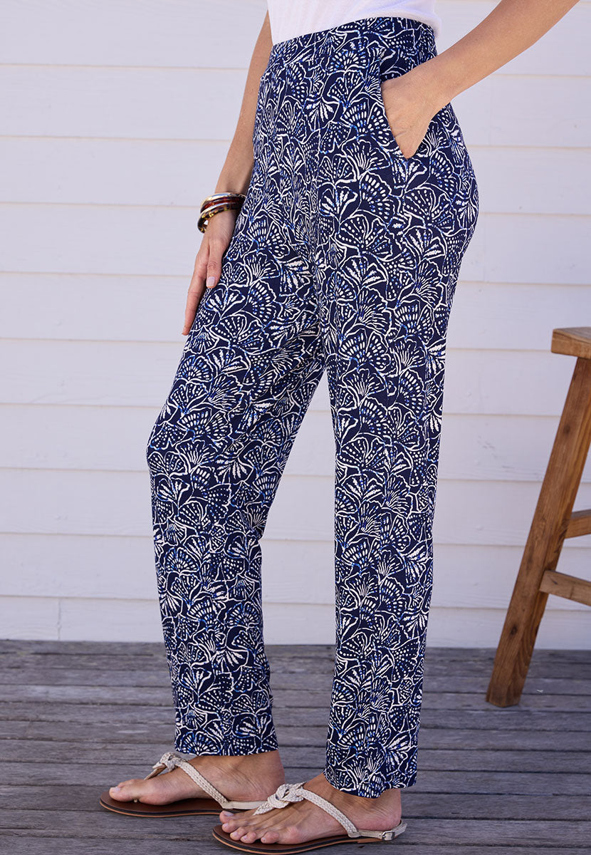 Dina Straight Leg Pull on Trouser - Floriana Navy Print
