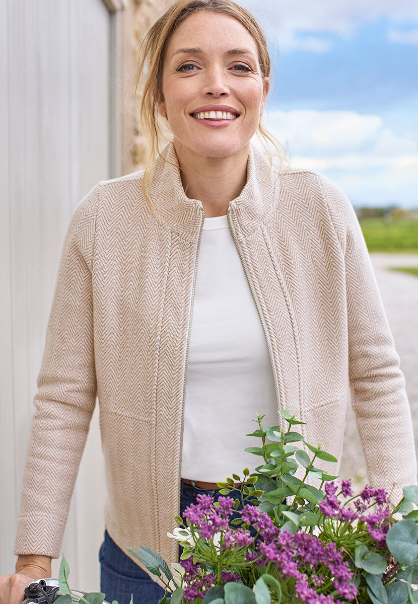 Elaria Zip Through Sweatshirt - Soft Taupe Front View
