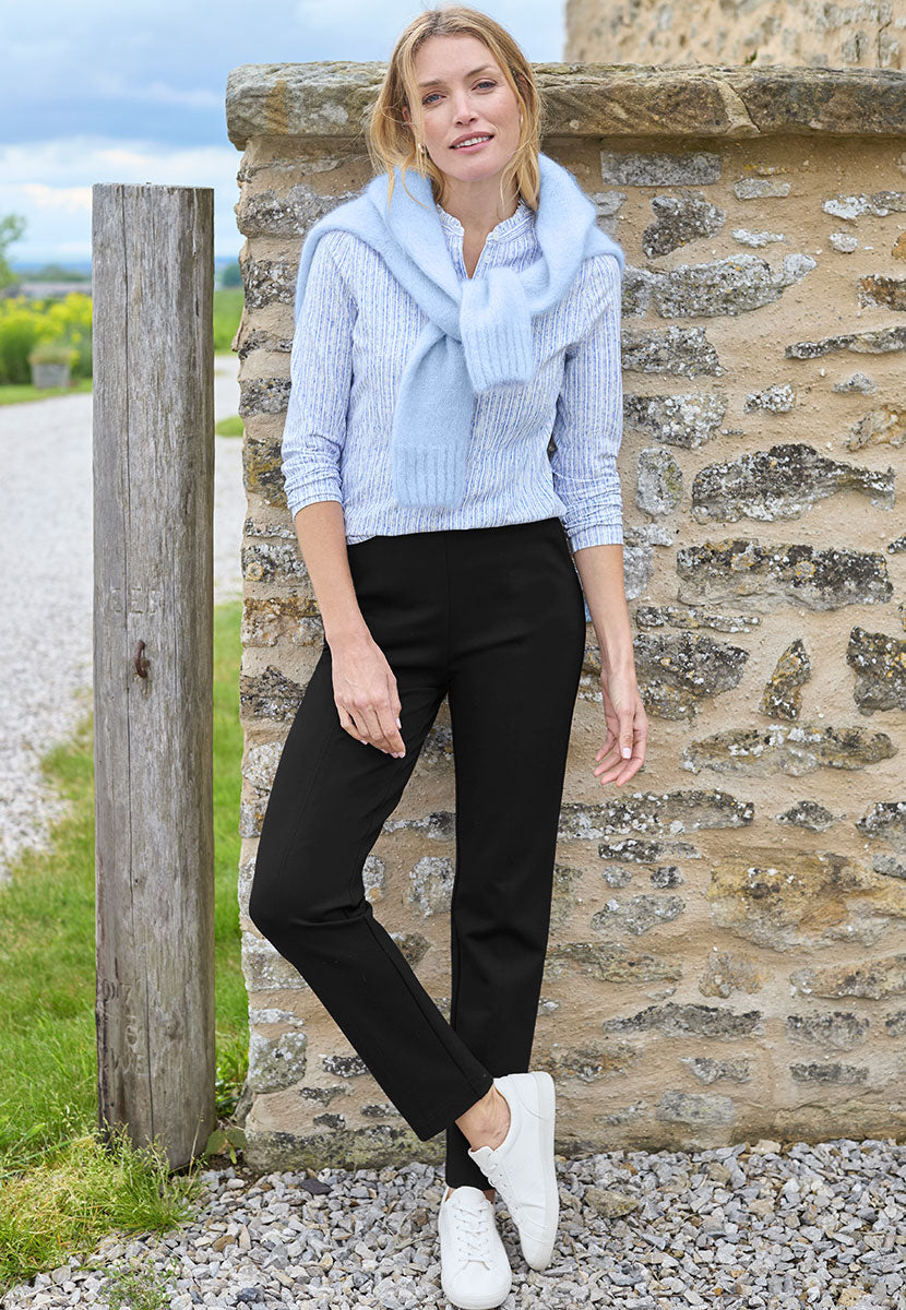 Elena Pull on Tapered Leg Trouser - Black Front View with Izzy Shirt and Alessia Soft Blue