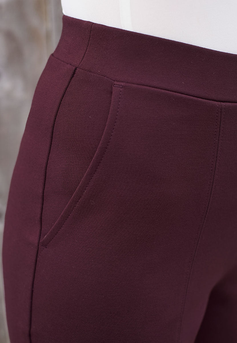 Elena Pull on Tapered Leg Trouser - Dark Berry Detail View