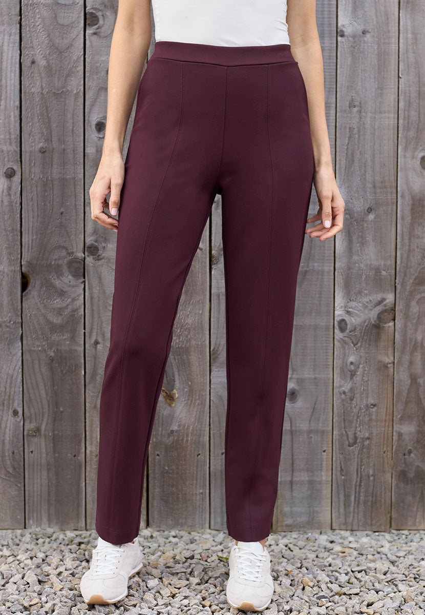 Elena Pull on Tapered Leg Trouser - Dark Berry Front Alt View