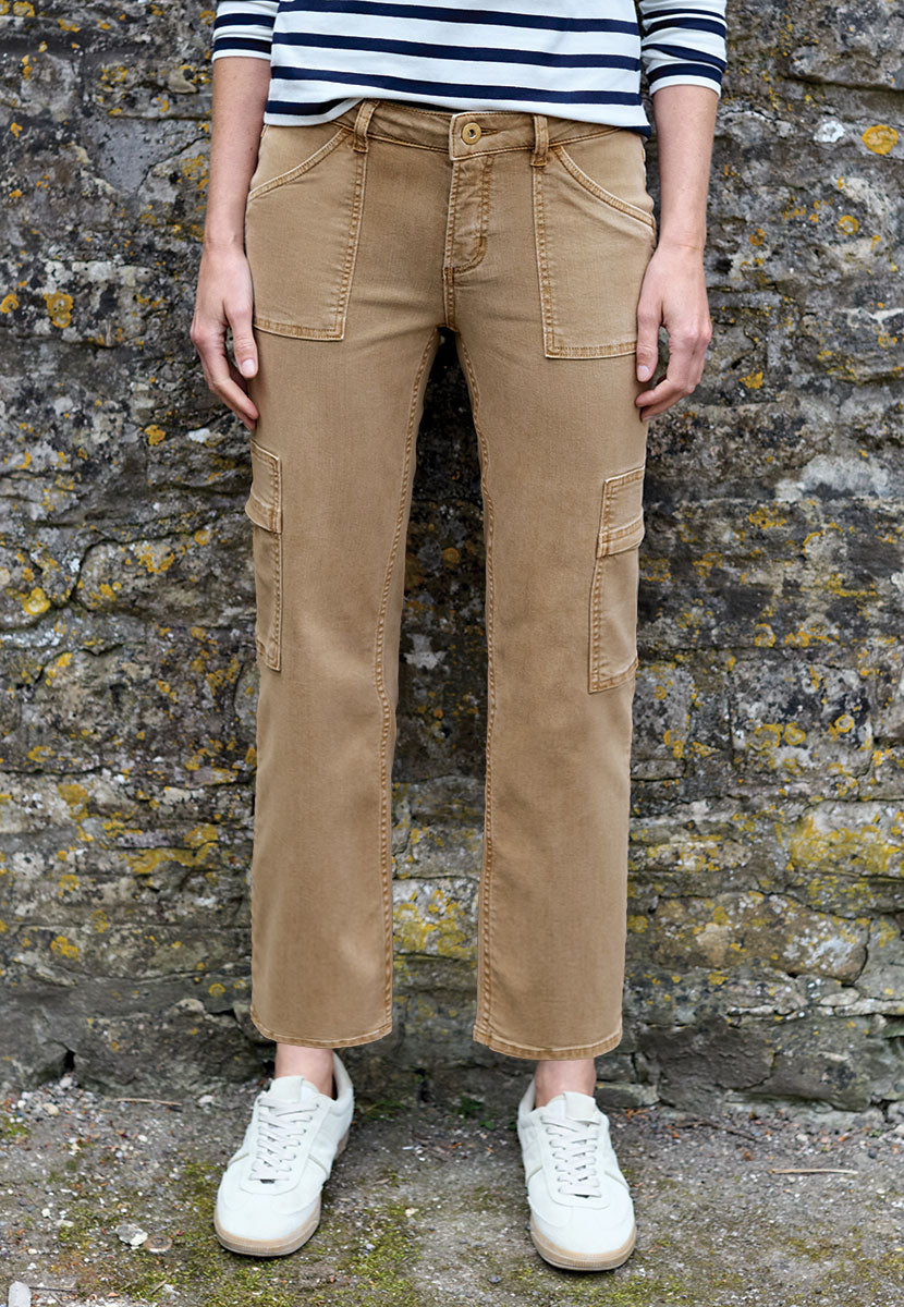 TONI Ella Cropped Cargo Trousers - Warm Sand Casual Modern Styling Cool Cropped Shape Soft and Stretchy with Zip Fly Front Alt View