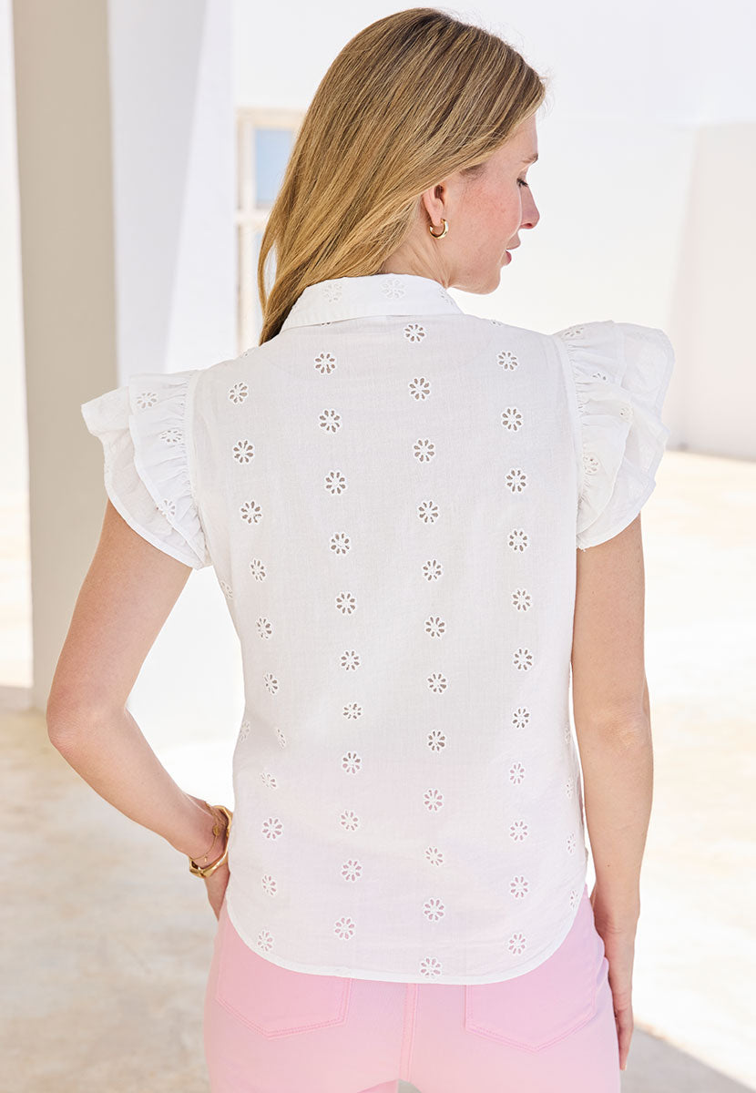 Ella Button Through Embroidered Shirt - White Short Frill Sleeves with Collar Neckline and Delicate Broderie Design Back View