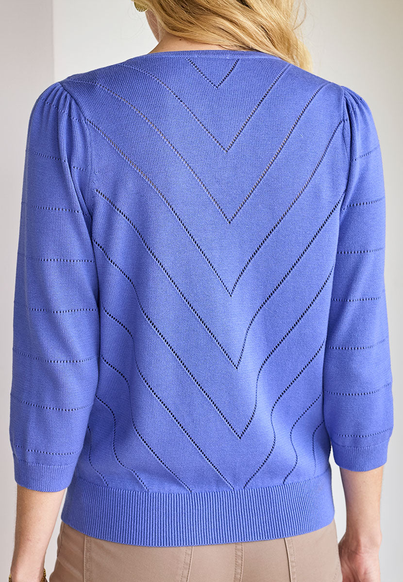 Elle 3/4 Sleeve Notch Neck Jumper - Iris Blue Back View