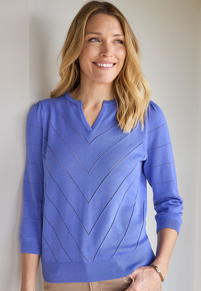 Elle 3/4 Sleeve Notch Neck Jumper - Iris Blue Front Alt View with Almond Trousers