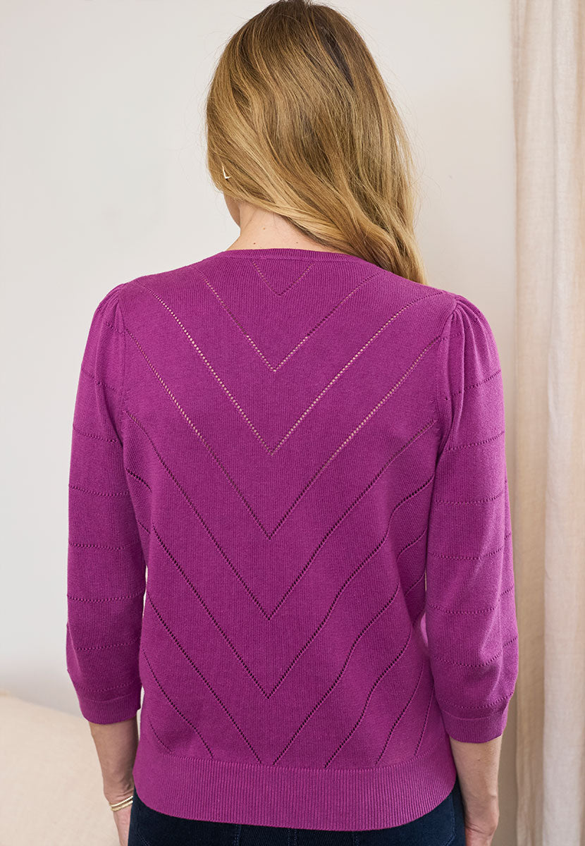 Elle 3/4 Sleeve Notch Neck Jumper - Deep Magenta Back View