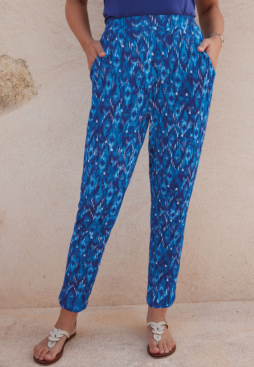 Ellen Pull On Jersey Trouser - Cyan Blue Moniz Print Comfortable On-Trend Elasticated Waistband Front Alt
