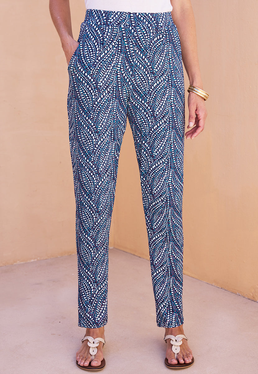Ellen Tapered Pull on Jersey Trouser - Nova Teal Print