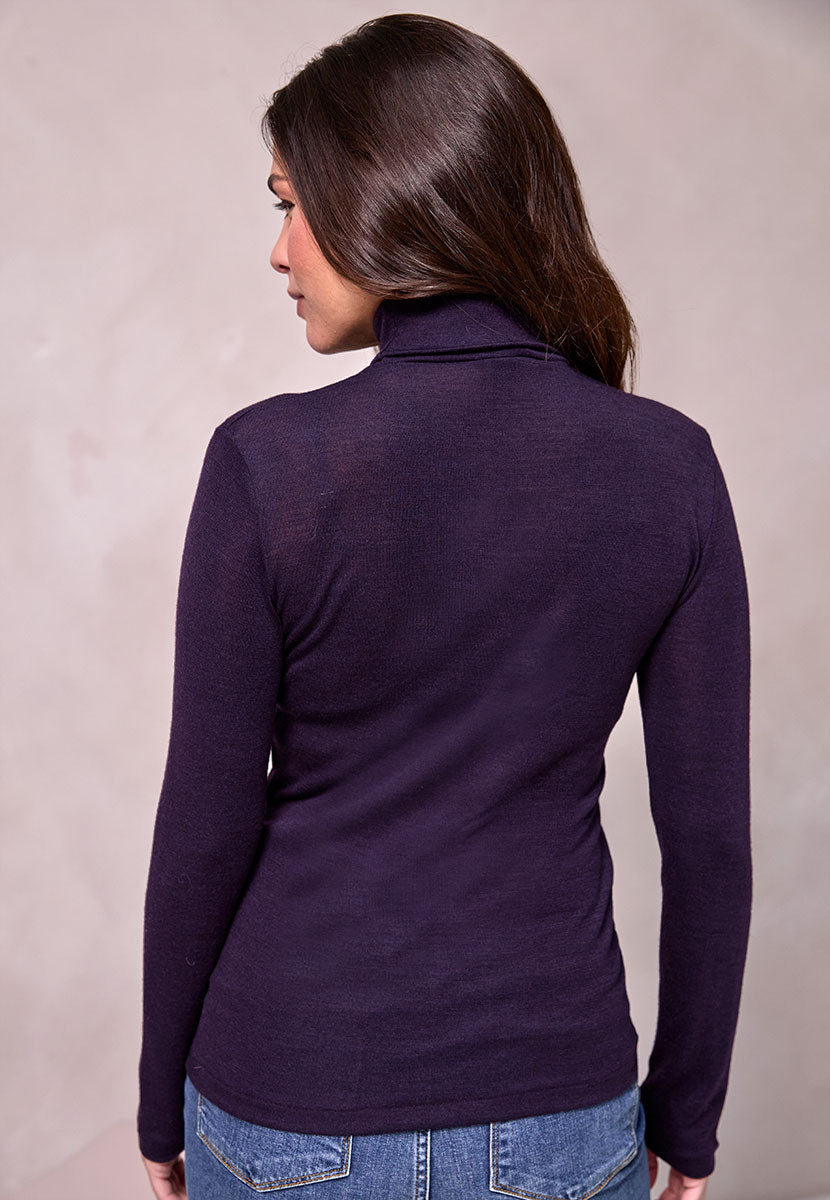 Eloise Long Sleeve Roll Neck Top - Amethyst Dark Purple Merino Silk Blend Roll Neck Lightweight Layering Fine Gauge Merino Side Seam Free Second Skin Comfort Back View