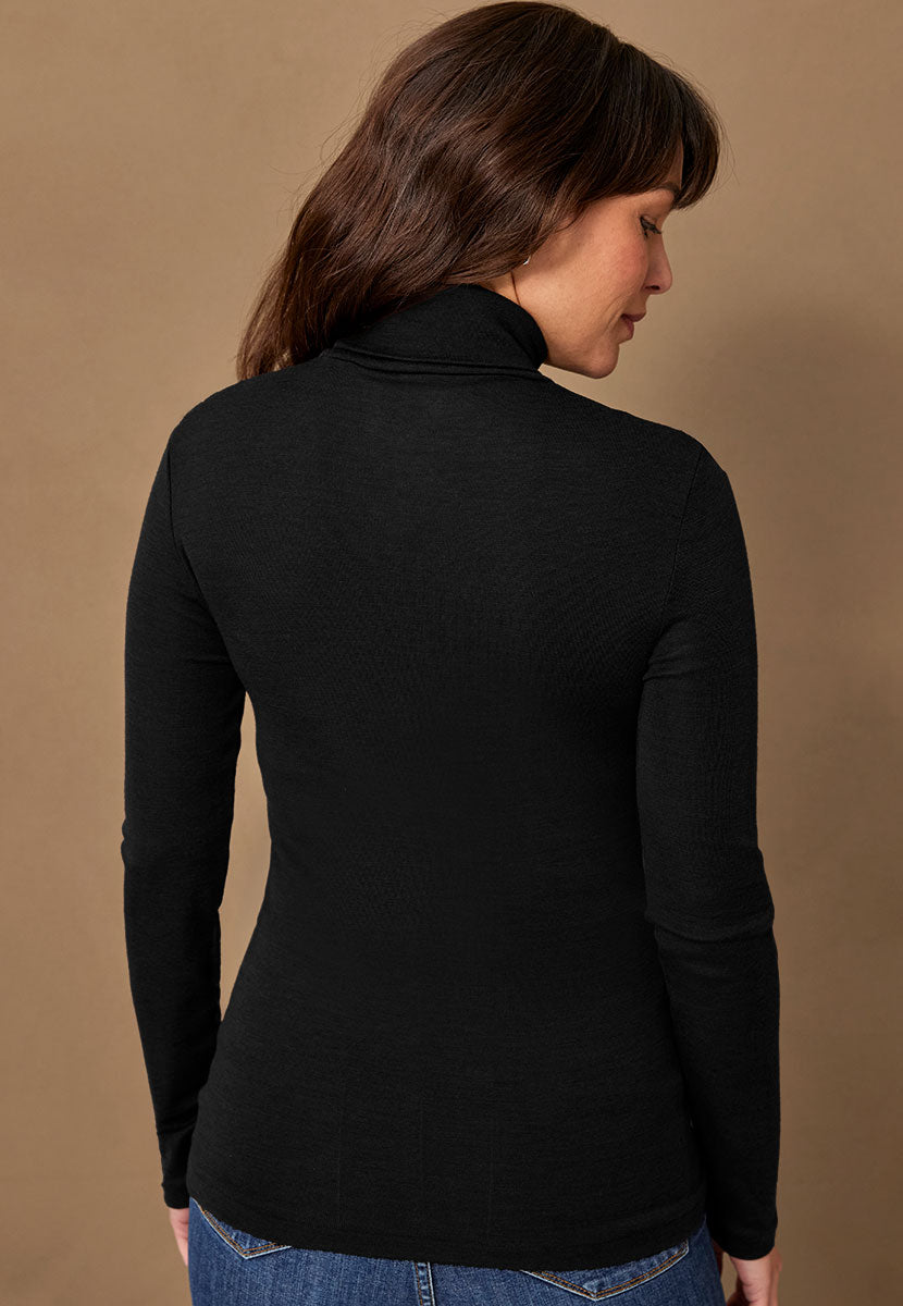 Eloise Long Sleeve Roll Neck Merino Silk Top - Black Back View