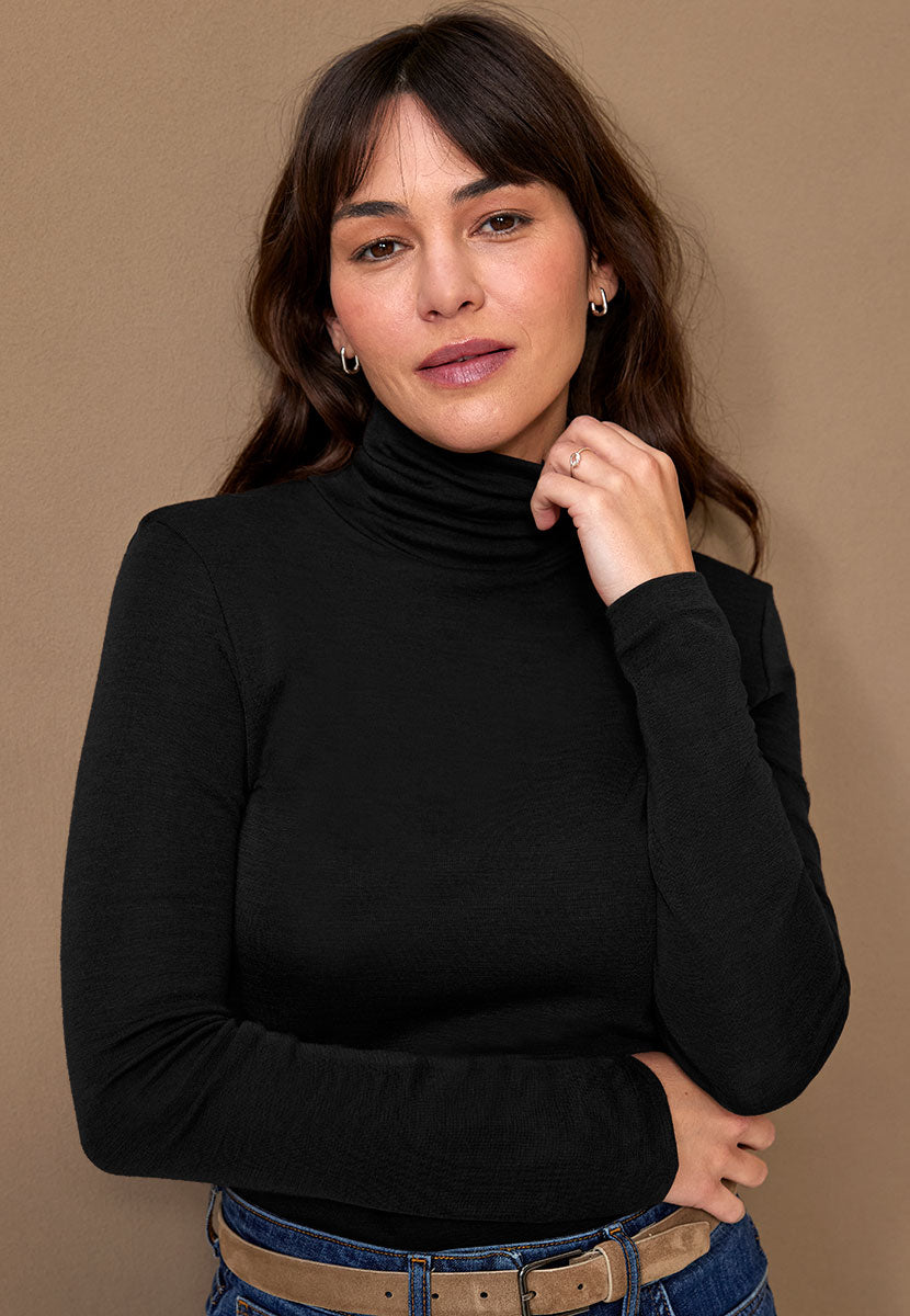 Eloise Long Sleeve Roll Neck Merino Silk Top - Black Front View