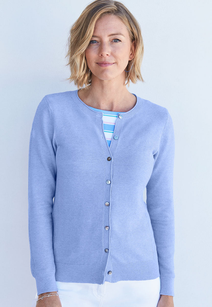 Eloise Long Sleeve Pure Cotton Crew Cardigan  - Bluebell