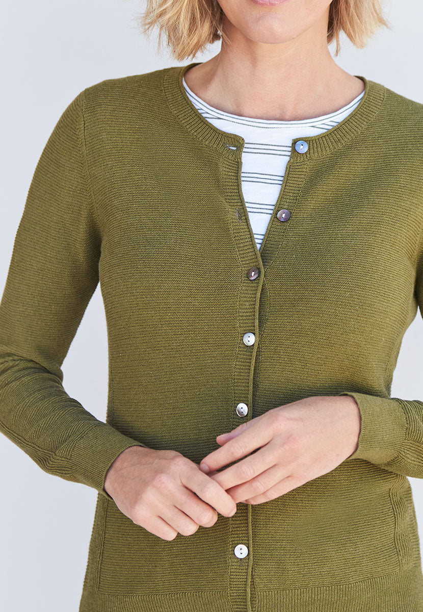 Eloise Long Sleeve Pure Cotton Crew Cardigan  - Dark Olive