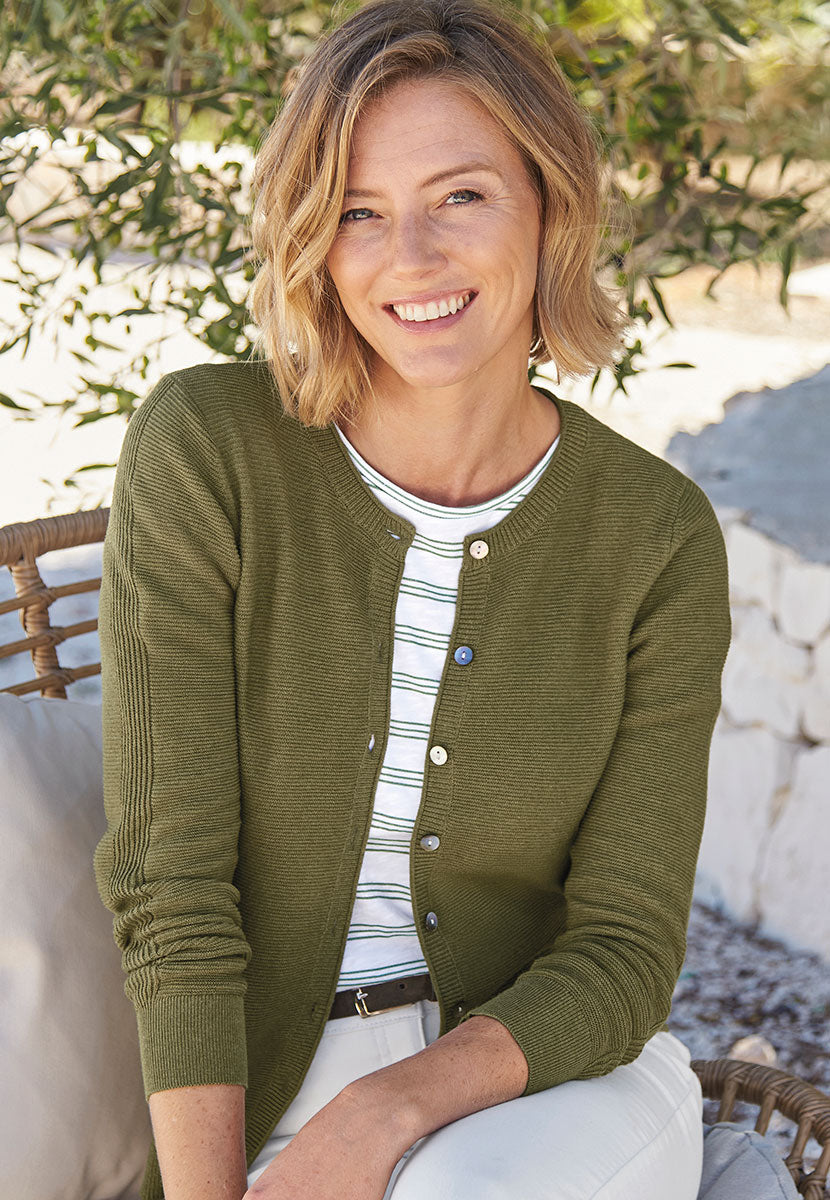 Eloise Long Sleeve Pure Cotton Crew Cardigan  - Dark Olive