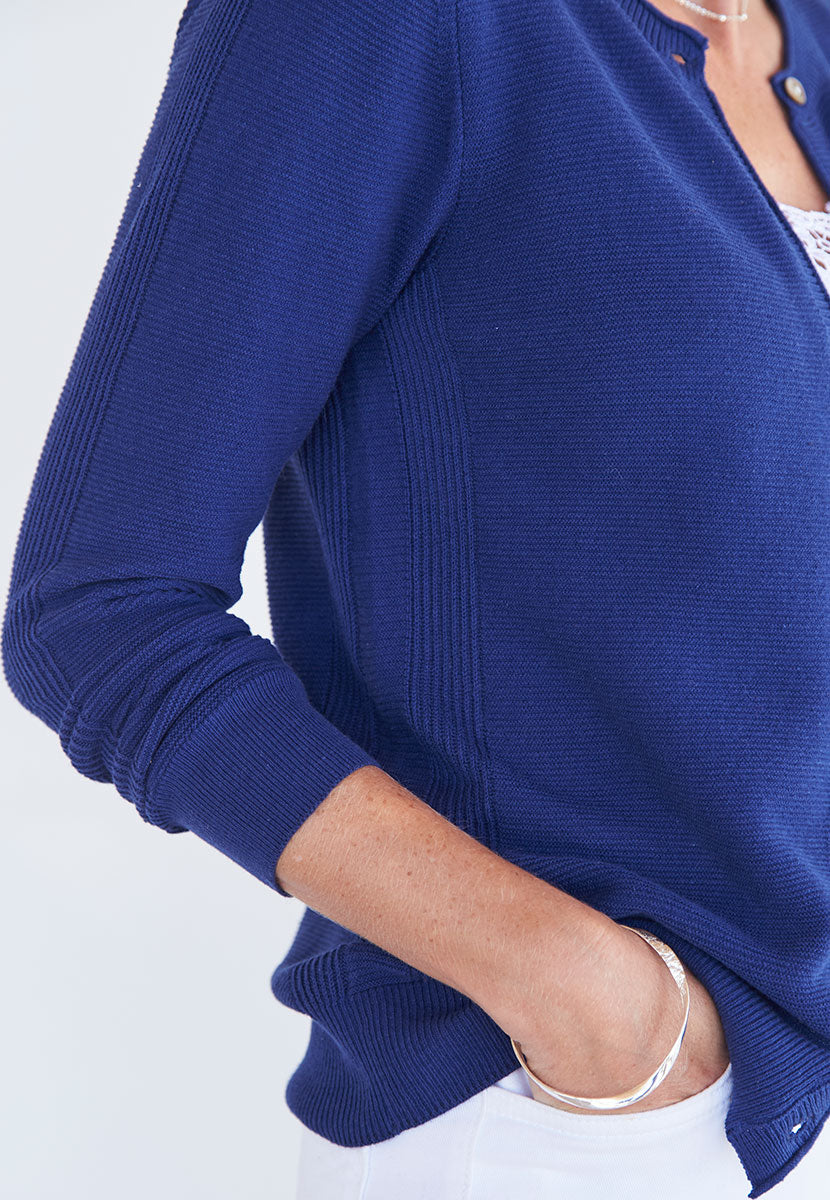 Eloise Long Sleeve Pure Cotton Crew Cardigan - French Navy