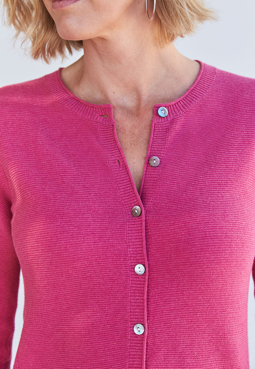 Eloise Long Sleeve Pure Cotton Crew Cardigan - Hot Pink
