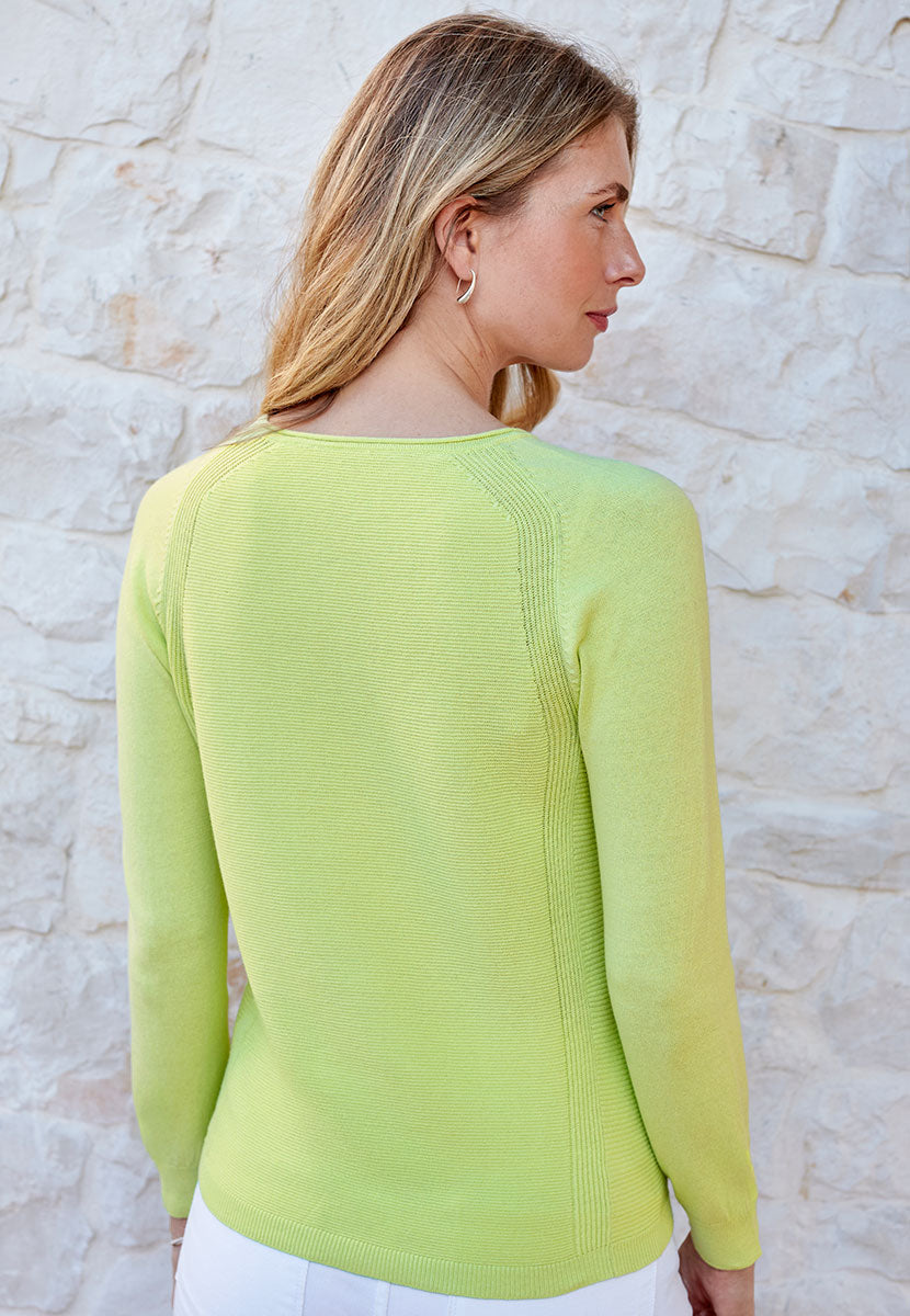 Eloise Pure Cotton Long Sleeve Jumper - Limeade Yellow Green Light Weight Ribbed Front With Smooth Sleeves Back View