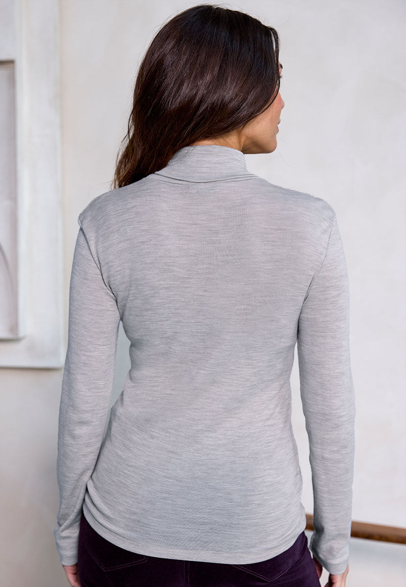 Eloise Long Sleeve Roll Neck Merino Silk Top - Light Grey Marl