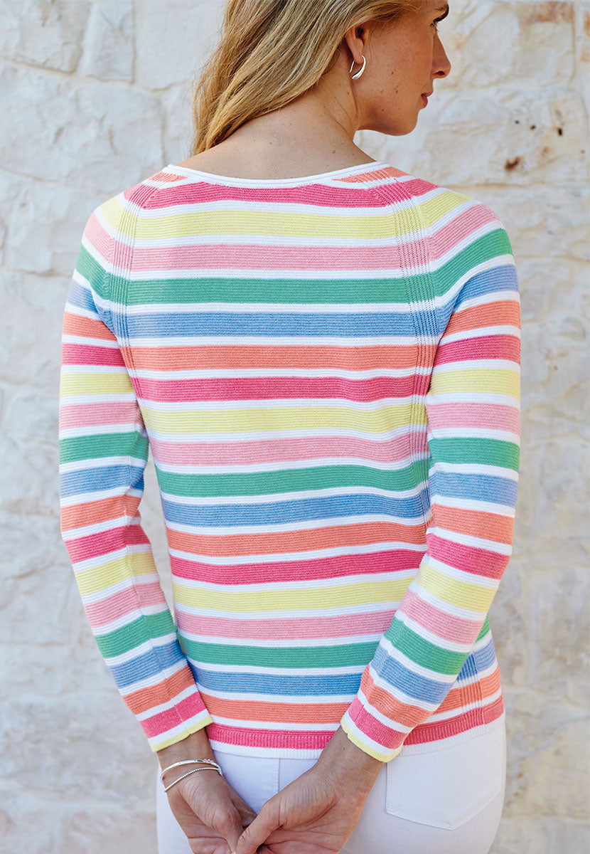 Eloise Pure Cotton Long Sleeve Jumper - Pink Yellow Blue Orange Multi Stripe Blue Flattering easy-to-wear Lightweight Knit  Back View