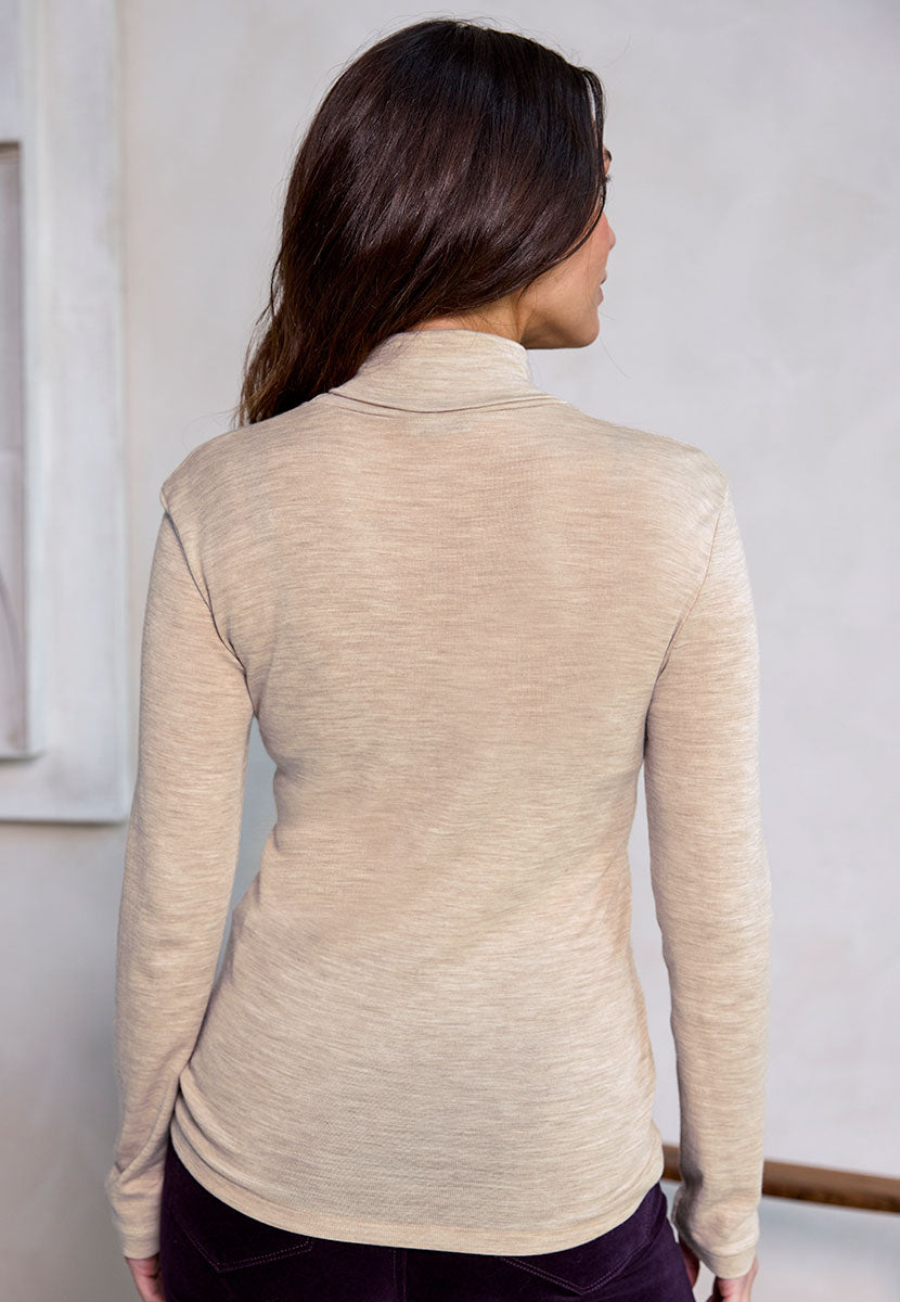 Eloise Long Sleeve Roll Neck Top - Oatmeal Marl Beige Merino Silk Blend Roll Neck Lightweight Layering Fine Gauge Merino Side Seam Free Second Skin Comfort Back View