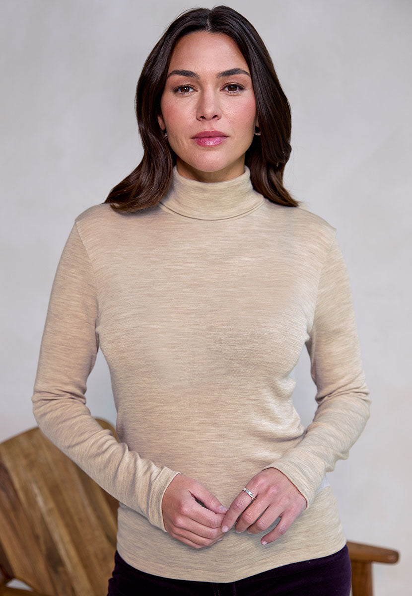 Eloise Long Sleeve Roll Neck Top - Oatmeal Marl Beige Merino Silk Blend Roll Neck Lightweight Layering Fine Gauge Merino Side Seam Free Second Skin Comfort Front Alt View