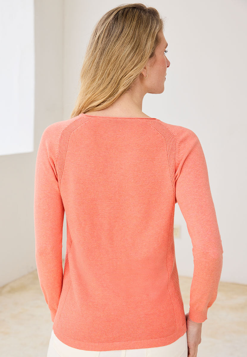 Eloise Pure Cotton Long Sleeve Jumper - Peach Melba Orange LightWeight Ribbed Front With Smooth Sleeves Back View