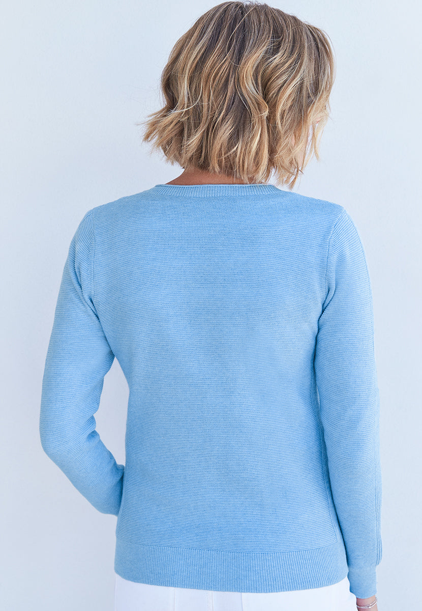 Eloise Long Sleeve Pure Cotton Crew Cardigan - Soft Blue