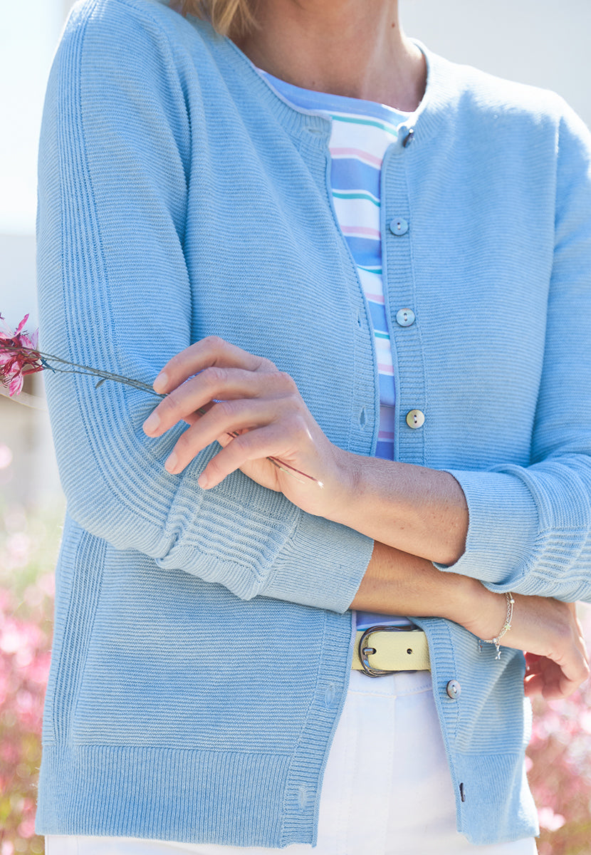 Eloise Long Sleeve Pure Cotton Crew Cardigan - Soft Blue