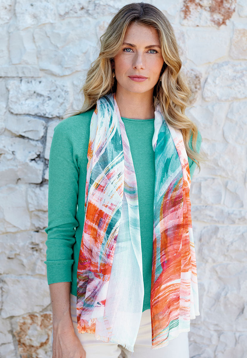 Eloise Pure Cotton Long Sleeve Jumper - Summer Aqua Blue Flattering easy-to-wear Lightweight Knit Front with Scarf