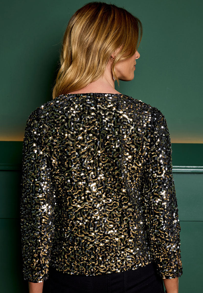 Elora Boat Neck Sequin Top - Gold Sequin Back View