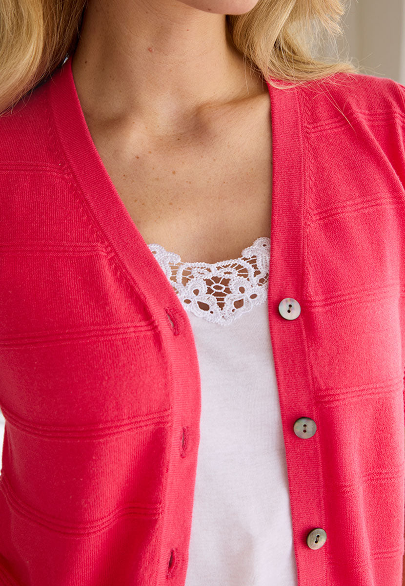 Elsie Short Sleeve Cardigan - Summer Pink Button Through Silky-Feel Knit Elbow Length Cuff Sleeve with V-Neck Detail View