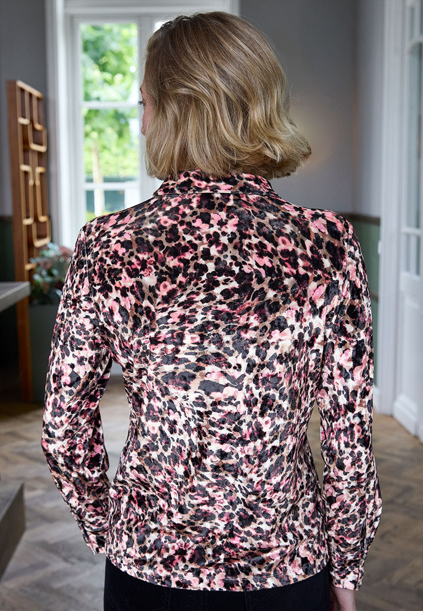 Emery Long Sleeve Velour Shirt - Paris Print Jersey Collared Neck Back View