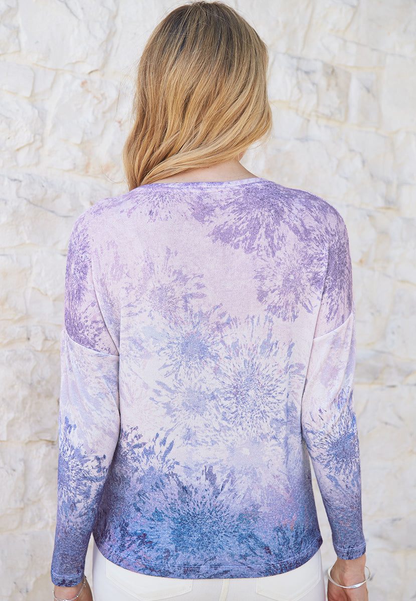 Emma Boat Neck Knitted Top - Purple/Pink Print
