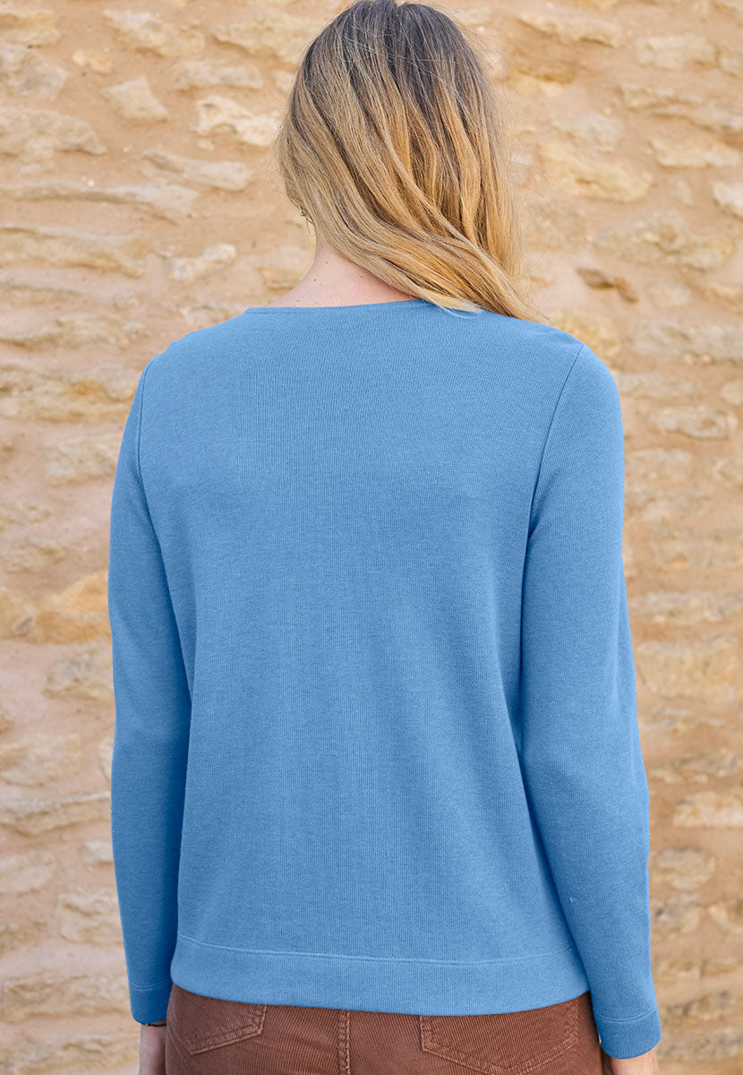 Erica Long Sleeve Merino Blend Top - Daisy Blue Back View