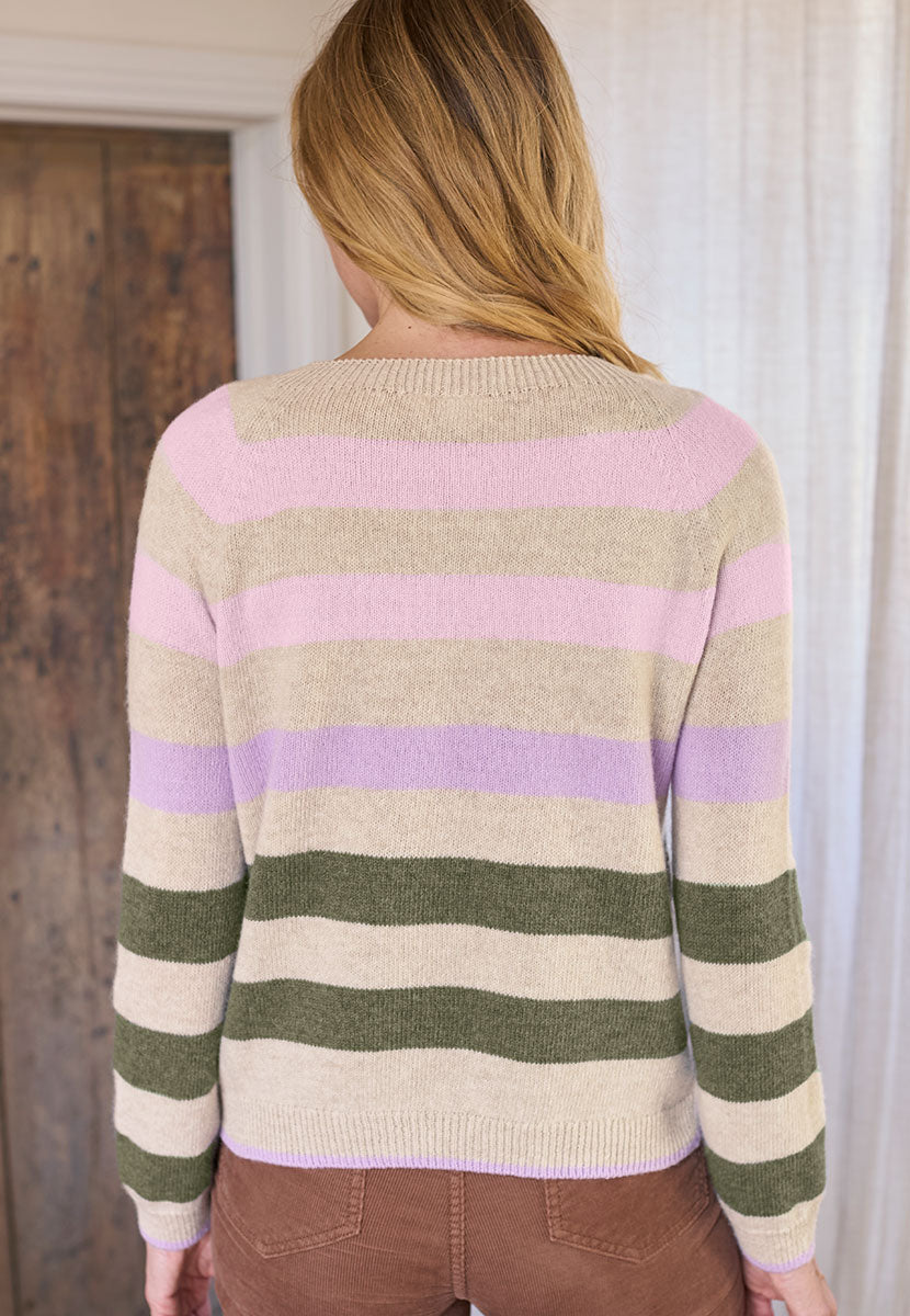 Erin Merino Striped Jumper - Lilac\Khaki Back View