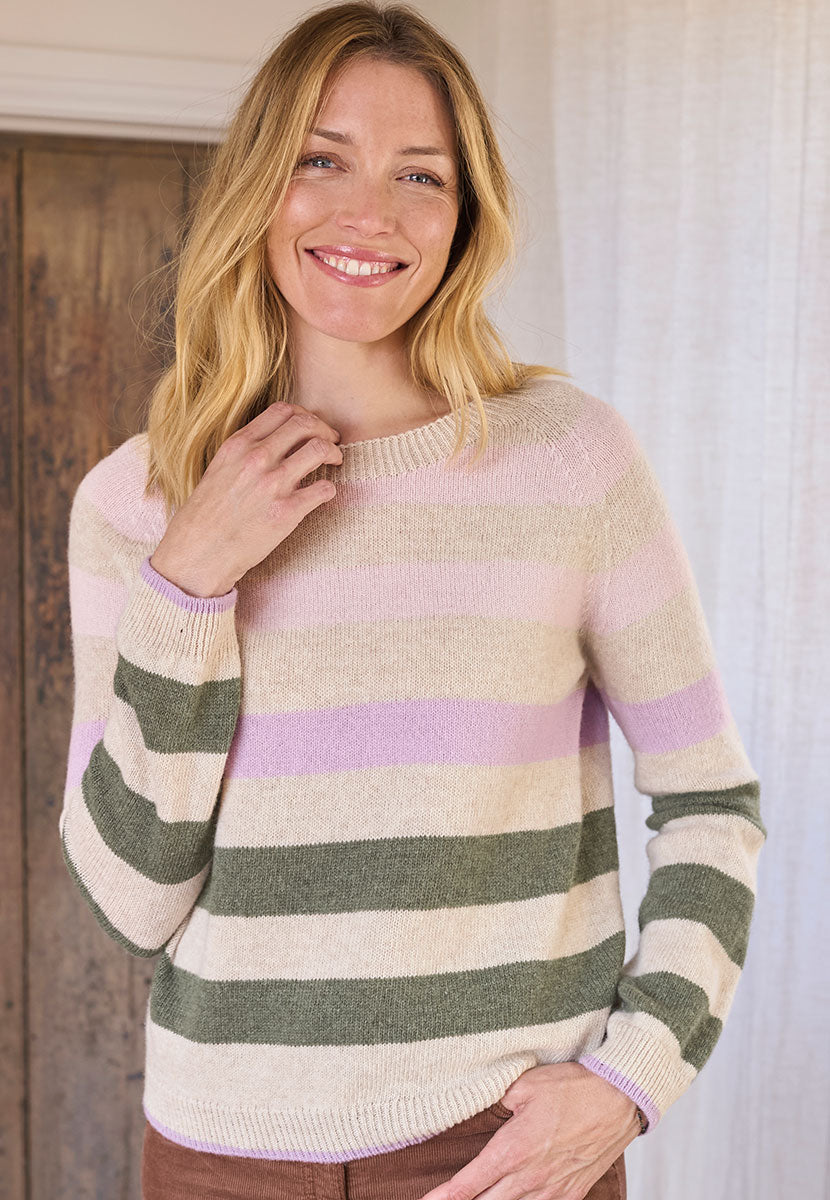 Erin Merino Striped Jumper - Lilac\Khaki Front View